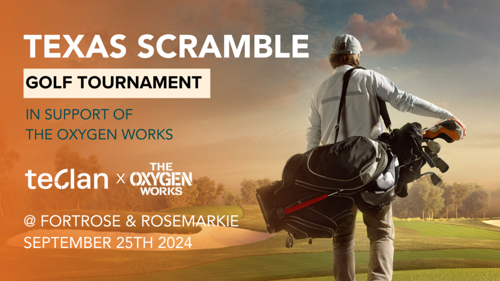 Blog banner with image of golfer with back to camera. Text says, “Texas Scramble golf tournament in support of The Oxygen Works @ Fortrose & Rosemarkie, September 25th 2024.” The teclan and Oxygen Works logos are also on the banner.