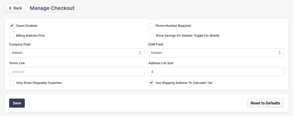 New Aero Checkout Admin options Feb 2025